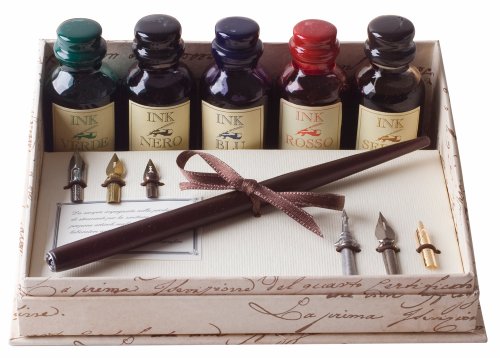Coles Kalligraphie-Set mit Füller, 5 großen Tintenfässern und 6 Schreibfedern, aus Holz