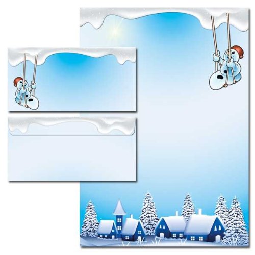 20-tlg. Motivpapier Komplett-Set FRÖHLICHER SCHNEEMANN 10 Blatt Briefpapier + 10 passende Briefumschläge DIN LANG ohne Fenster