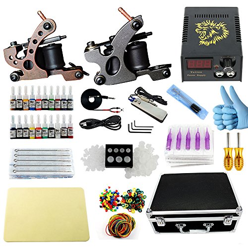 ITATOO Tattoo Kits mit 2 Tattoo Maschine LE Stromversorgung 40 Tattoo Nadeln 20 Tätowierung-Pigment Tattoo Ink EU-Stecker Anfänger Tattoo-Kit (TK104016)