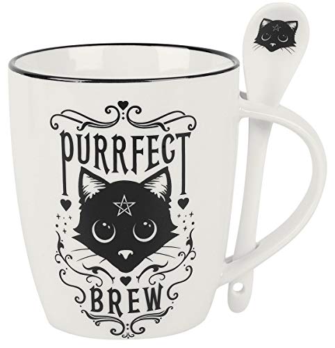 Alchemy Gothic Tasse und Löffel Set Purrfect Brew Weiß/Schwarz