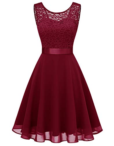 BeryLove Women Short Floral Lace Bridesmaid Dress Vintage Cocktail Party Swing Dress BLP7005DarkRedXS