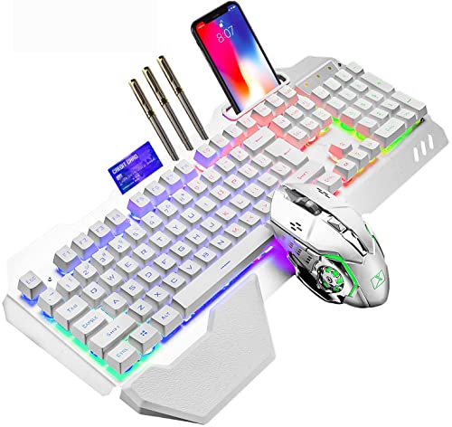 Kabellose Gaming-Tastatur mit mechanischem Gefühl, RGB Hintergrundbeleuchtung, wiederaufladbarer 5000-mAh-Akku mit Abnehmbarer Handauflage +7-Farben-LED-Gaming-Maus für PC-Schreiber/Spieler（Weiß）