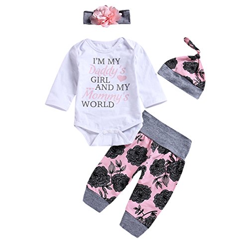 Borlai 4PCS Säugling Baby-Blumen Outfits eingestellt Strampler + Hose + Hut + Blumen Stirnband